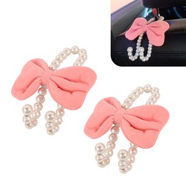 Shakas 2 PCS Car Headrest Hook, Bow Pearl Decor Storage Hook for Hanging Backpack Umbrella Wallet, Front Seat Portable Organizer for Women, for Most Cars Trucks Interior Accessories (Pink)