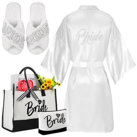 Bunnycool 4 Pcs Bridal Shower Gift Set Include Bride Robes Bride Slippers Canvas Tote Bag Makeup Bag for Bride Wedding Party (Size 5-6)