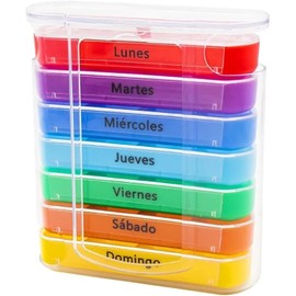 Pastillero Semanal En Español 7 Días 4 Tomas por Día Mañana Mediodía Tarde Noche Colores Vivos Portátil Plástico Resistente