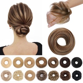 SEGO Human Hair Messy Bun Hairpieces Real Scrunchies Natural Wavy Smoothed Updo Donut Chignon Ponytail Extensions for Women Girls-2 PCS #4P27 Medium Brown&Dark Blonde