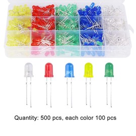 AQSQWQ Pack of 500 5 mm LED Light Emitting Diodes, LED Diodes 3 V Light Diode Assortment Kit Round Head 2 Pin Extra Bright LED Light, Diffuse Diodes Set, 5 Colours Red Blue Yellow Green White