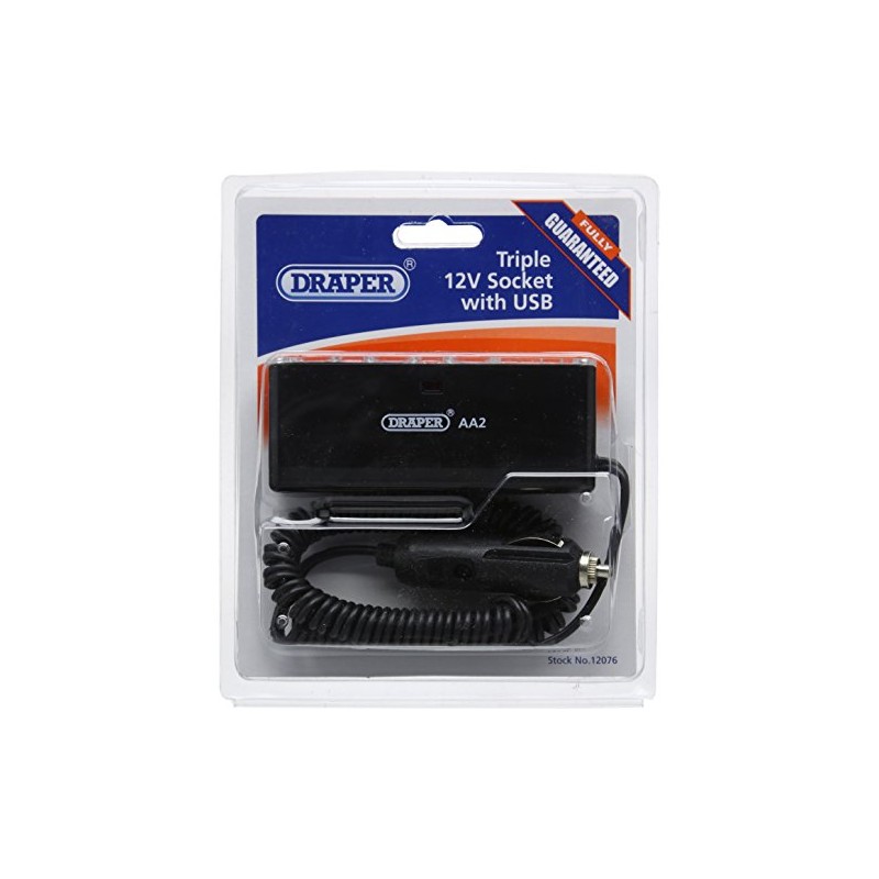 Draper 12076 12V 3-Socket Adaptor with USB