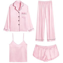 SWOMOG Women's Satin Pyjamas Long 4-Piece Silk Pyjamas Silk Pyjamas for Women Cami & Top Short Set Women Silky Pjs, pink