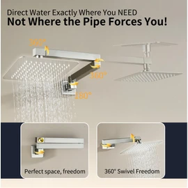 18.5 Inches Straight Extended Pivoting Shower Arm With Flange, Rain Shower Head Extension Arm, Square 360°Swiveling Foldable Shower Arm, Wall-Mounted Brushed Nickel Stainless Steel