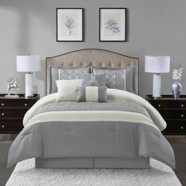 Glam Chic Style Bohemian & Eclectic 7 Piece Bedding Comforter Sets Cal.king Size Color Block Intricated Pleated Design | All Seasons Luxury Bedding Silver Grey Ivory Main Bed Guestroom Cohesive Design