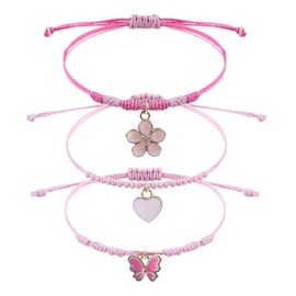 Pack of 3 Girls' Friendship Bracelets, Adjustable Braided Bracelet, Flowers, Love, Butterfly Bracelet for Girls, Gifts and Children, Party Bags, Children's Birthday Party, Pink