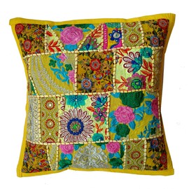 Rastogi Handicrafts Handmade Patchwork Cushion Pillow, Sari Patch Throw Pillow Indian Ethnic Pillow Covers Embroidered Sari Patchwork Cushion Cover (Yellow)