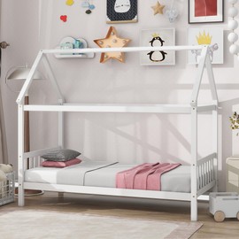 Twin Size House Bed for Kids,Montessori Floor Bed Twin Size, Wooden House Bed Frame with Slats,Twin Bed Frame for Kids,Girls,Boys,White
