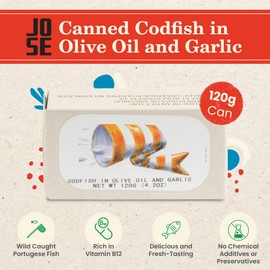 Codfish in Olive Oil and Garlic by Jose Gourmet, Wild Caught Portuguese Codfish, Canned Cod in Olive Oil, Omega 3, Fair Trade, 125g Can