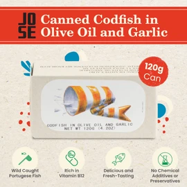 Codfish in Olive Oil and Garlic by Jose Gourmet, Wild Caught Portuguese Codfish, Canned Cod in Olive Oil, Omega 3, Fair Trade, 125g Can