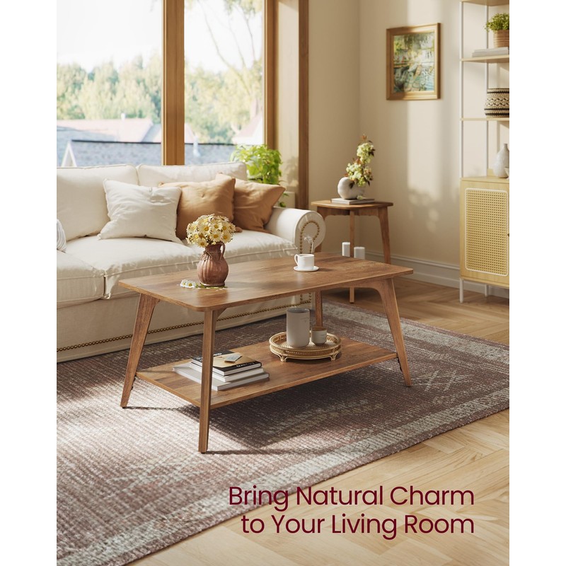 VASAGLE Coffee Table, 2-Tier Living Room Table with Storage, Center