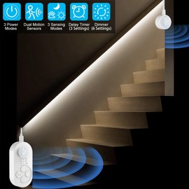 Dual Motion Sensor Light Indoor - Plug-in Motion Activated LED Step Stair Light Strip with Double Sensors, Dimmer and Timer for Stairway, Bedroom, Corridor (Cold White 6000K 16.4FT Strip)