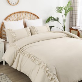 Fondream Ruffle Double Duvet Cover Beige Frills Bedding Set Farmhouse Ruffled Decor Soft Luxury Washed Microfiber with Zipper Closure for Teens and Adults (Beige, 3PCS)