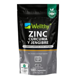 Wellthy Zinc, Crcuma y Jengibre 180 Cpsulas. L-Optizinc Frmula Patentada de Alta Aborcin por el Laboratorio Suizo Lonza. Solo 1 Cpsula al da, VCaps...