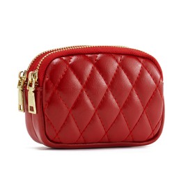 QIUTIMIY Women Leather Small Purse Pouch Cash Mini Coin Wallet Double Zipper Pocket with Keychain(Quilted Red)