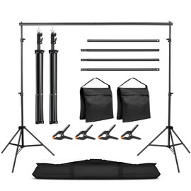 10x7ft Adjustable Photography Backdrop Stand Kit – Photo Studio Background Support with 2 Crossbars, 8 Clamps, 2 Sandbags (with 10 * 7 Feet Black Backdrop Curtain)