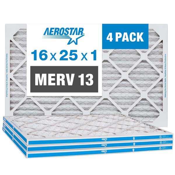 Aerostar 16x25x1 MERV 13 Pleated Air Filter, AC Furnace Air Filter, 4 Pack (Actual Size: 15 3/4" x 24 3/4" x 3/4")