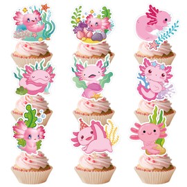 Axolotl Birthday Decorations Cupcake Toppers - 36 Pcs Cute Axolotl Happy Birthday Cupcake Toppers Cartoon Animal Table Decor for Girls Reptile Themed Party Baby Shower Supplies