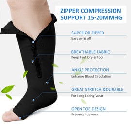 ZFSOCK Plus Size Compression Socks: Wide Calf Graduated Pressure Support Stockings Men Women Open Toe Toeless Zipper Extra Large Flight Socks for Swollen Legs Travel 1 Pair Black XXL