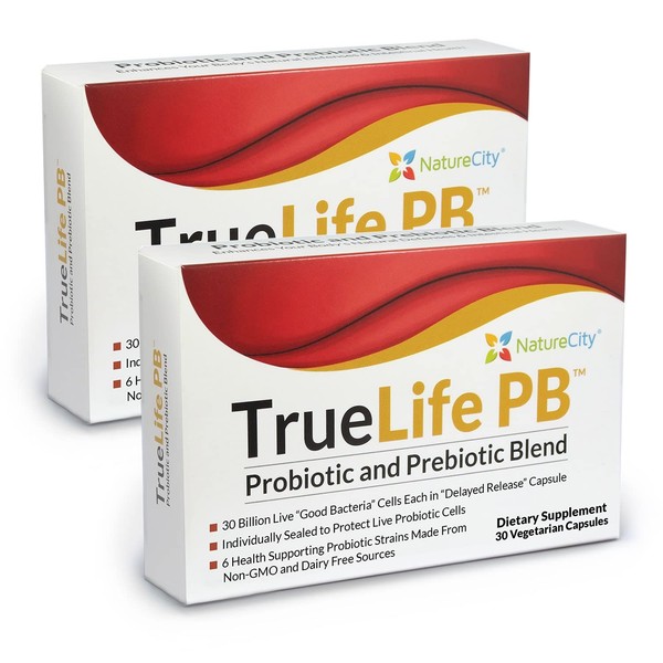 NatureCity True-Life-PB Shelf Stable Probiotic & Prebiotic Blend Dairy Free for Men & Women 30 Veggie Capsules (2 Pack)
