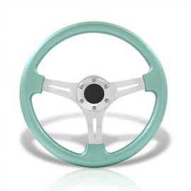AJP Distributors Universal 350mm 14" 6 Bolts Holes Heavy Duty Steering Wheel w/Horn Button, JDM VIP 3 Spoke Steel Chrome Polished Center w/Mint Green Trim