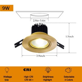 YYWYNUS 9W LED Ceiling Light 3 Inch Brass Recessed Lighting Housing Trim Kits (2 Pack) LED LED Recessed Can Retrofit Light or Flat Baffle Gold Trim, 3000K
