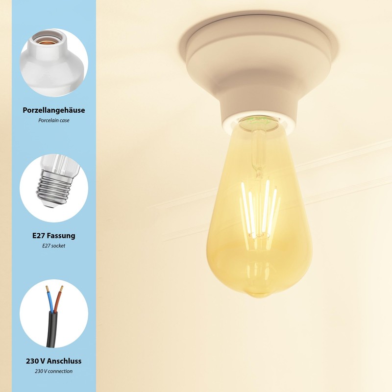 ledscom.de ledscom.de 3 Stck Deckenleuchte/Lampenfassung ELEKTRA, Porzellan, wei? gl?nzend, 1x