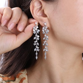 TseenYi Boho Crystal Drop Earrings Bridal Wedding Dangle Earrings Silver Crystal Rhinestone Earrings Long CZ Rhinestone Tassel Earrings Jewellery for Women and Girls, Crystal