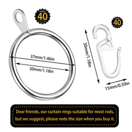 40 pieces silver metal curtain rings, curtain hanging rings and plastic curtain hooks for bed curtain, shower curtain, window curtain (30 mm inner diameter)