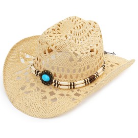 Melesh Straw Cowboy Hat, Western Cowgirl Hat, Wide Brim Sun Beach Hat for Men and Women (US, Alpha, One Size, Beige-M23)