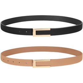 SUOSDEY 2 Pack Slim Belt for Women, Thin Leather Belt, Fashion Waist Belt for Dress, Jeans with Gold Buckle, Black and khaki