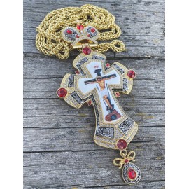 Nazareth Store 18K Gold Plated Pectoral Cross Multi Zircons Crystallized Elements Christian Priest Bishop Large Crucifix Pendant with Necklace 24" (Pectoral Cross With Silver Gold and Red Stones)