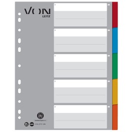 VON Leitz 12890000 Pack of 5 A4 Index Dividers Blank Dividers for Folders, Extra Wide, 100% Recycled Cardboard, 11-Hole Universal Index, Multi-Colour