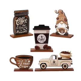SM SunniMix 5 Pieces Coffee Tiered Tray Decor Set Wood Signs Decorative Creative Decorations for Holiday Indoor Cafe Home