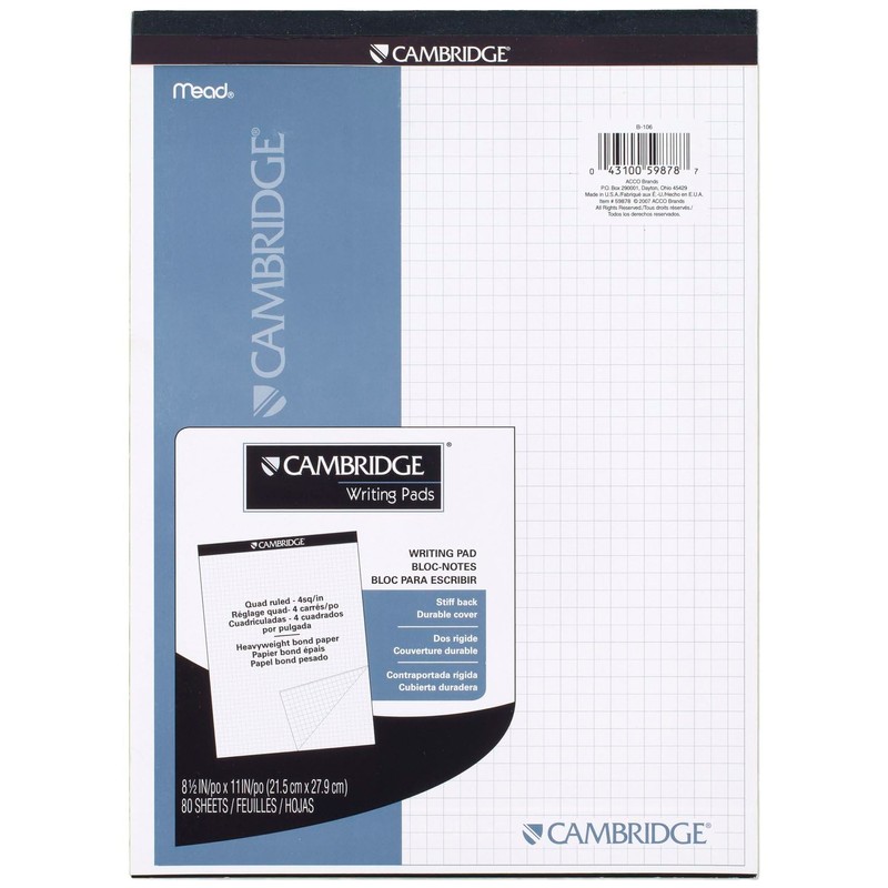 Cambridge Notebook, Quad Ruled, 8-1/2" x 11", 80 Sheets, Writing