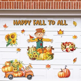 Peryiter 17 Pcs Fall Garage Door Decoration Magnets Happy Fall Garage Door Magnets Autumn Magnets with Scarecrow Leaves Sunflowers Truck Pumpkins Magnet Decal Sticker for Garage Door Car Refrigerator