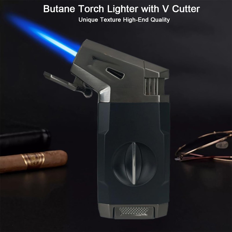 Butane Torch Lighter, Windproof Jet Flame Lighter with V-Cutter, Flame