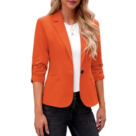 LookbookStore Women's Blazer for Work and Casual - 3/4 Sleeve Fitted Suit Jacket - Dressy Vibrant Orange - Medium (Fits Size 8-10)
