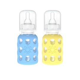 Lifefactory Glass Baby Bottle with Silicone Sleeve 4 Ounce, Set of 2 - Yellow/Sky Blue