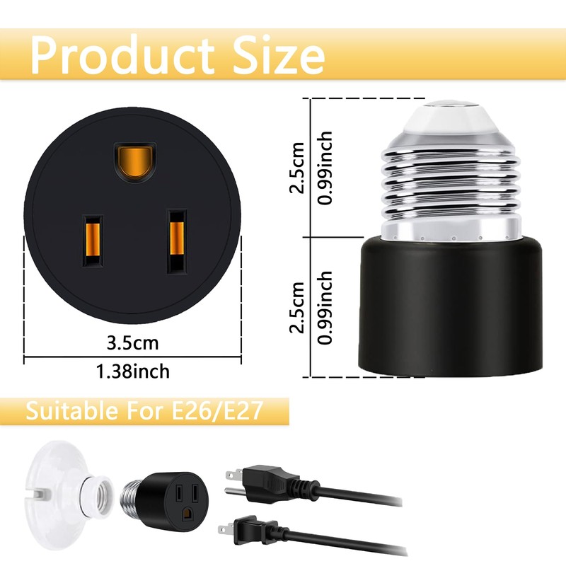 Sevici 3 Prong Light Socket to Plug Adapter 2-Pack, Polarized
