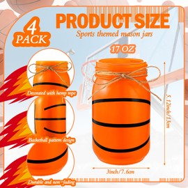 Blushtier 4 Pcs Basketball Theme Mason Jar Centerpieces for Tables 17 oz Mason Jars Basketball Birthday Decorations Painted Mason Jar Decor for Birthday Party Favors Baby Shower Gifts Supplies