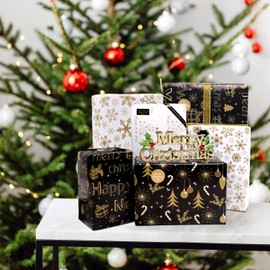 Christmas Wrapping Paper Sheets, 6 Black and Gold Gift Wrapping Paper Set Snowflake Elk Wrapping Paper with Tags Stickers Ribbon Gift Wrapping Paper for Kids Boys Girls Men Women, 20x28 inches