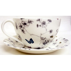 Secret Garden Breakfast Cup & Saucer Fine Bone China Flowers Butterflies & Bees Large Cup Saucer Set Hand Decorated in UK