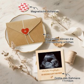 Scinzene Pregnancy announcement with wooden frame, pregnancy announcement, 11 x 10 cm photo frame, ultrasound image and magnetic back, creative gift idea for pregnancy announcement