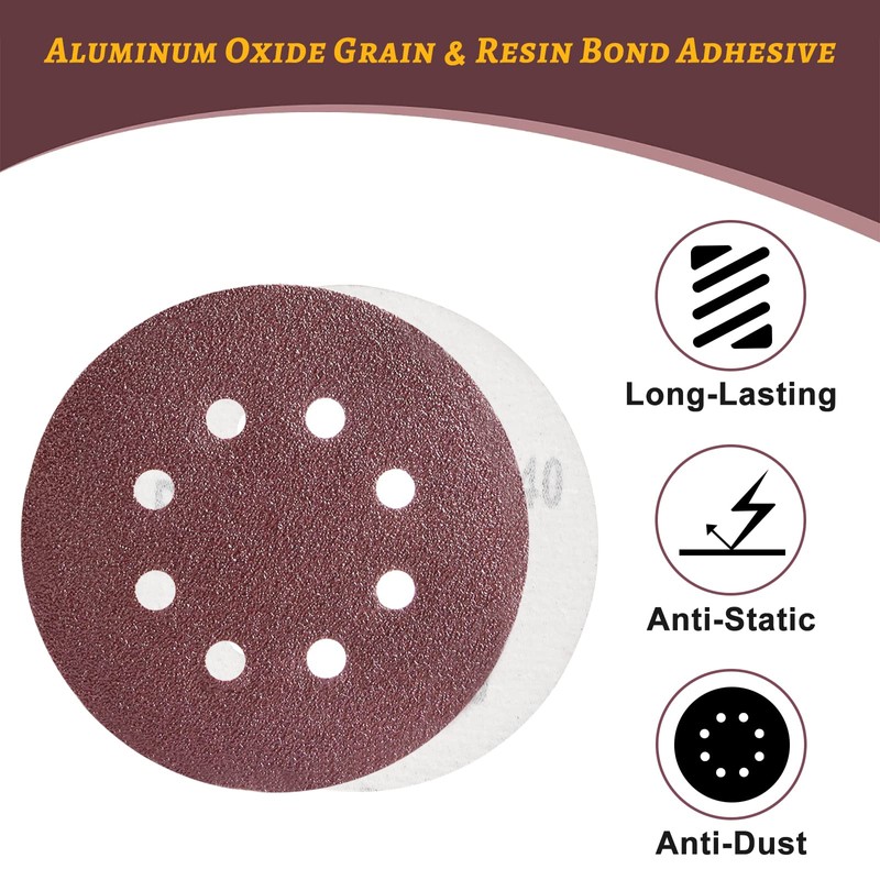 BOZILY 50 Pcs Sanding Discs, 125mm 8 Holes 5 Inch