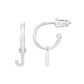 PAVOI 14K White Gold Plated 925 Sterling Silver Post Huggie Earring With Initial Dangle |CZ Initial Huggie Hoop Earrings | Womens Cubic Zirconia "J" Initial Huggies