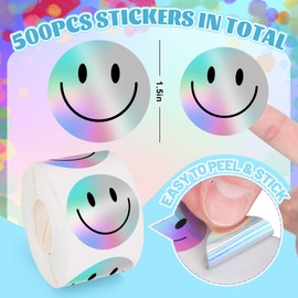 Whaline Holographic Smile Stickers Roll Laser Iridescent Happy Face Stickers Hippie Motivational Waterproof Self-Adhesive Decals for Back to School Birthday Teacher Reward, 500 Pcs