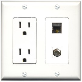 RiteAV - 15 Amp Power Outlet and 1 Port Shielded Cat6 Ethernet and 1 Port Coax Cable TV- F-Type Decorative Type Wall Plate - White