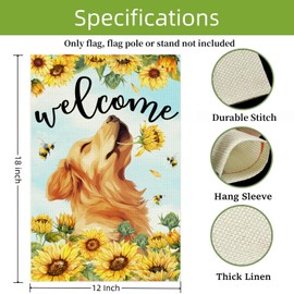 Welcome Spring Summer Dog Garden Flag, Cute Golden Retriever 12x18 Inch Double Side Burlap Flag, Summer Welcome Dog Flags for Lawn Yard Patio Porch Beach Decor