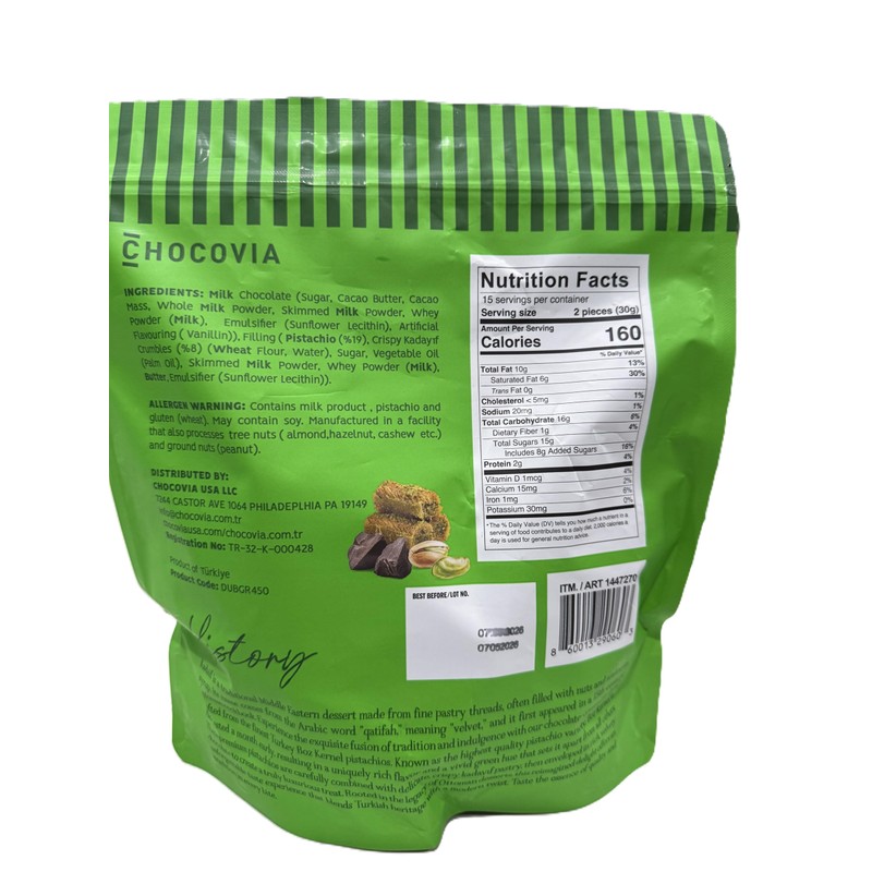 Dubai Style Milk Chocolate with Pistachio & Kadaif, 15.87 Ounces